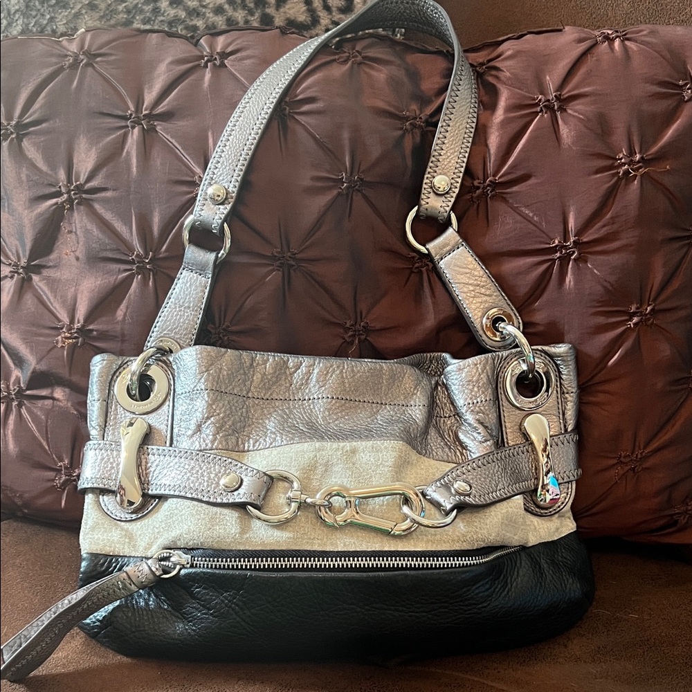 B. Makowsky Silver and Black Leather One Strap Shoulder Bag